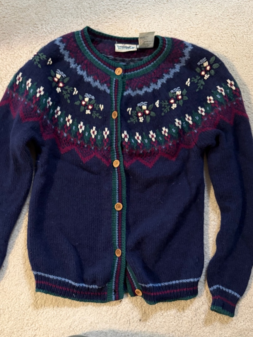 Northern Reflections Navy Floral Yoke Cardigan with Burgundy & Green Trim